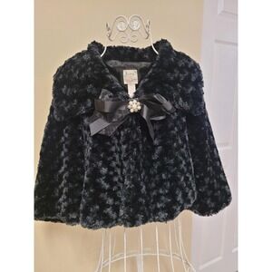 Womens Black Faux Fur Shrug Bolero Y2K Jacket XL Detachable Elegant Bow Detail